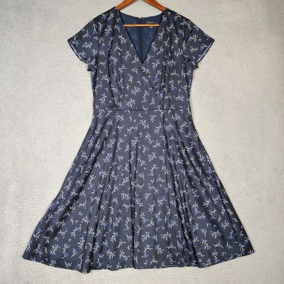 Ann Taylor Dress Womens 6 Navy Blue Floral Faux Wrap Surplice Neck A-Line Preppy - Picture 1 of 11